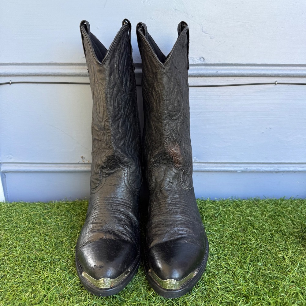 Laredo East Bound Black Leather Cowboy Boots Silver Toe Tip Mens Size 8D Rodeo
